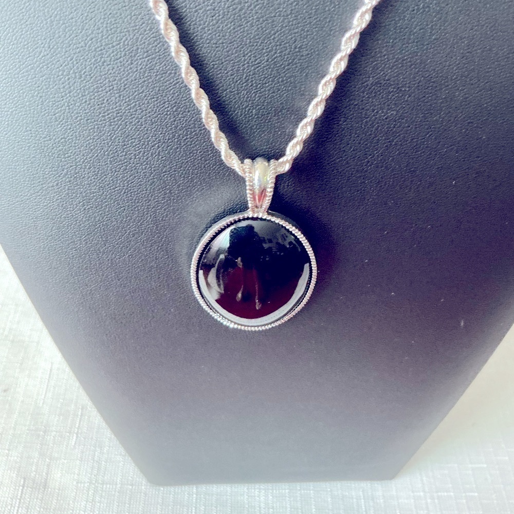 Chico’s Black Acrylic  Silver Tone Pendant Necklace